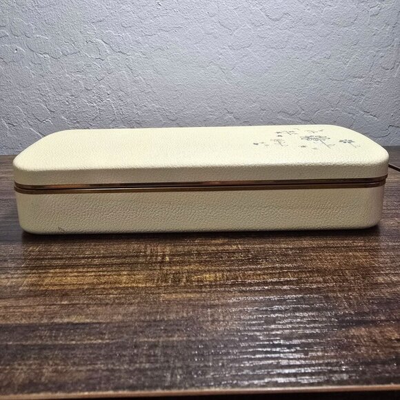 Vintage MCM Farrington Travel Size Cream Floral Jewelry Box Blue Velvet Lining - Picture 9 of 15